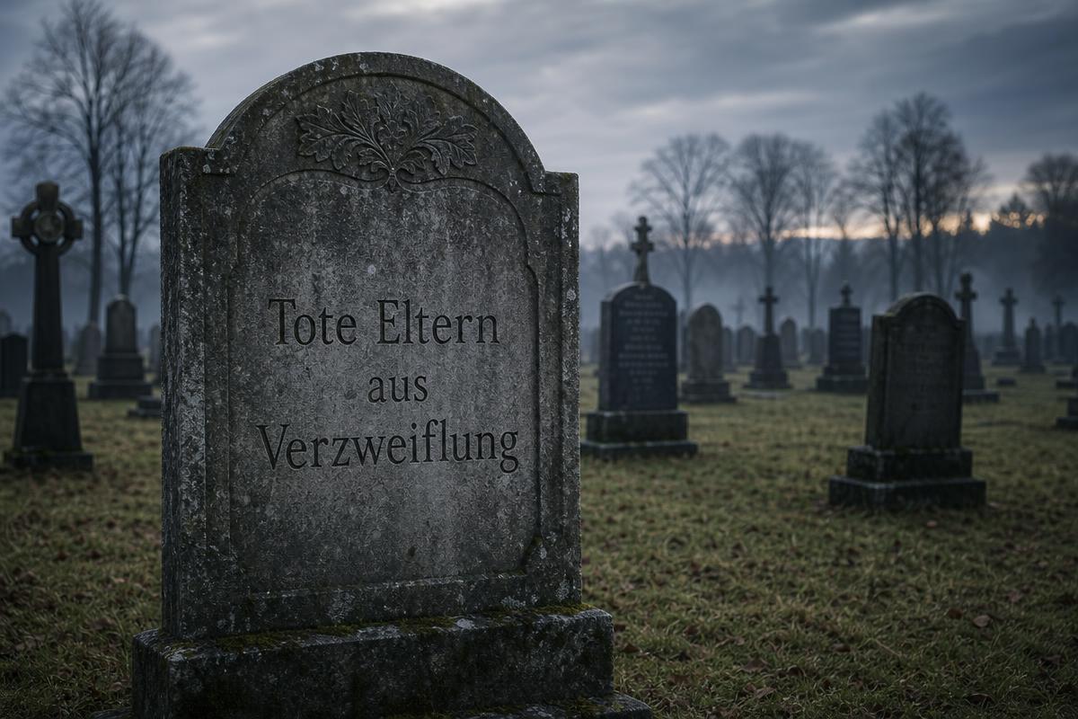 Friedhof mit Grabstein, auf dem 'Tote Eltern aus Verzweiflung' steht