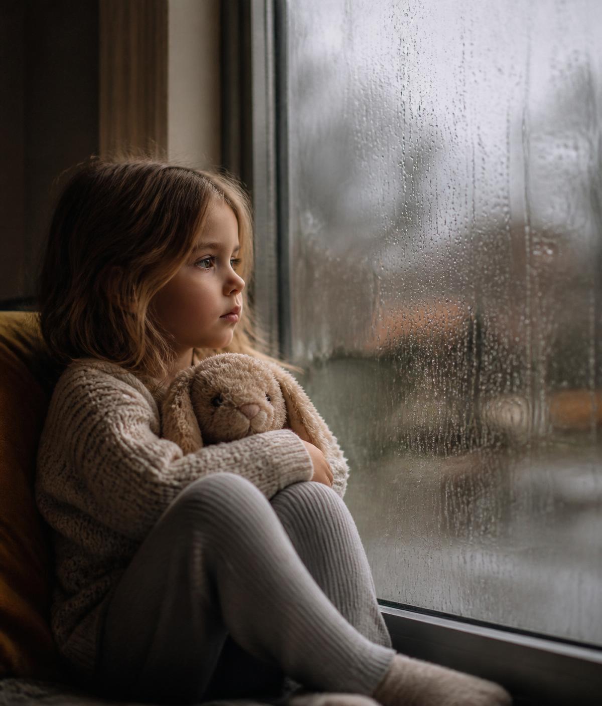 Ein Kind sitzt an einem regennassen Fenster und hält ein Stofftier