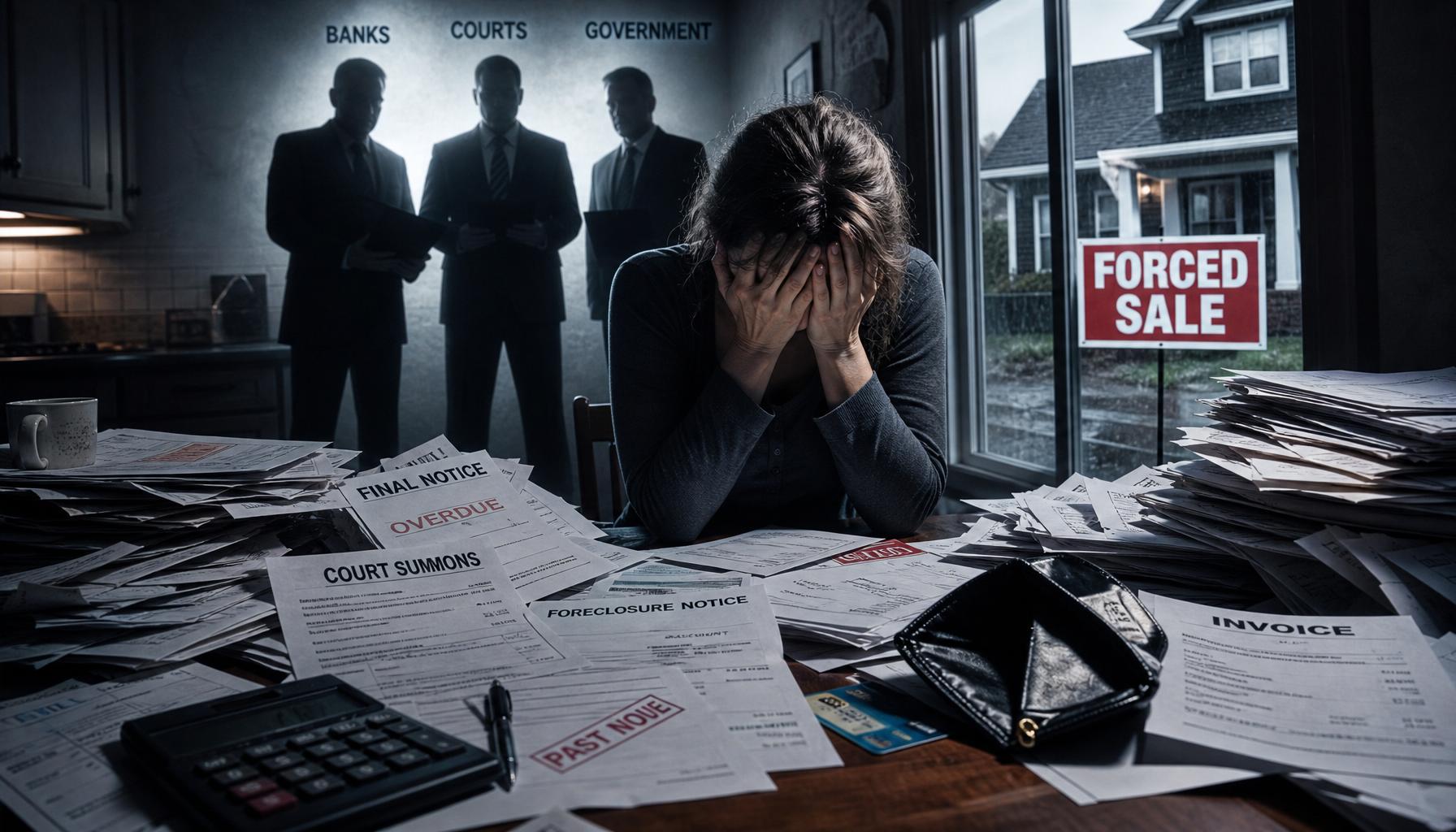 Ein erschöpftes Elternteil sitzt an einem Tisch, der mit Mahnungen, Gerichtspapieren und Rechnungen übersät ist – symbolisch für die finanzielle Ausbeutung durch staatliches Versagen