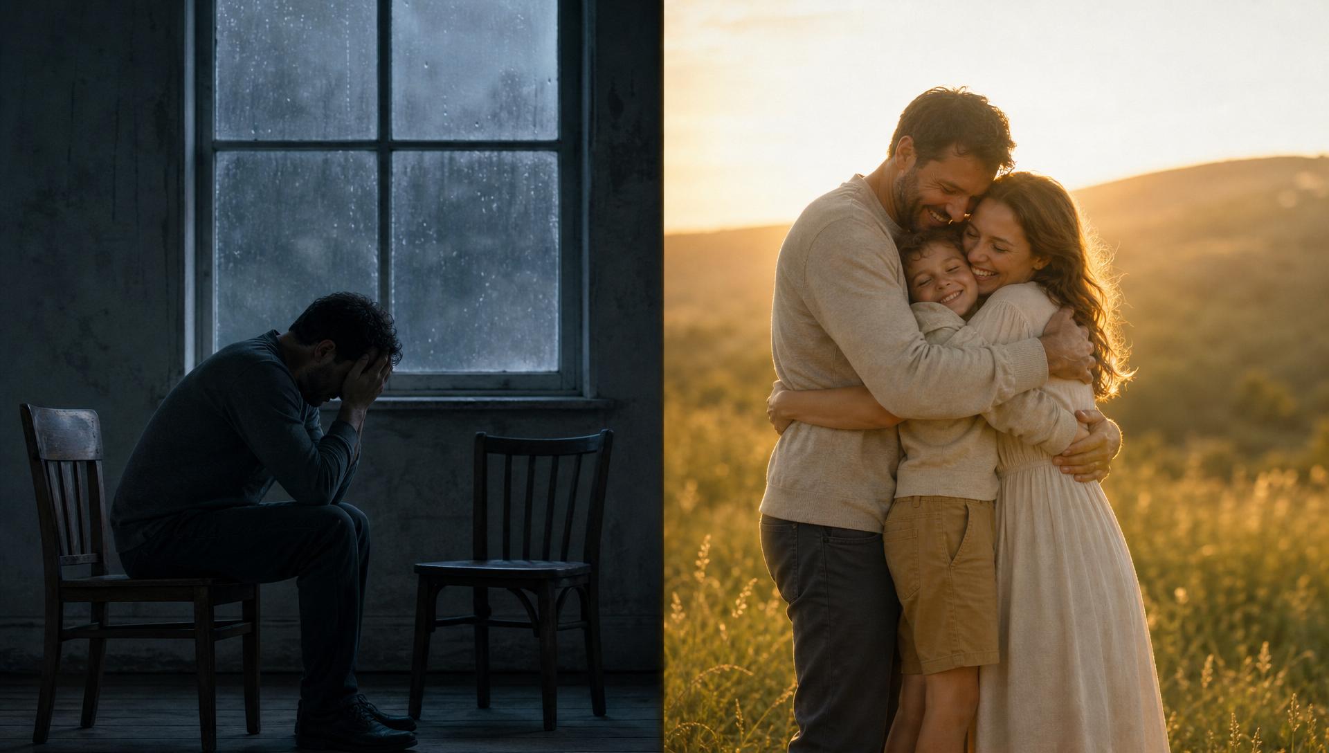 Links: Ein trauriger, allein sitzender Vater am regennassen Fenster. Rechts: Dieselbe Familie glücklich vereint in warmem Sonnenlicht.