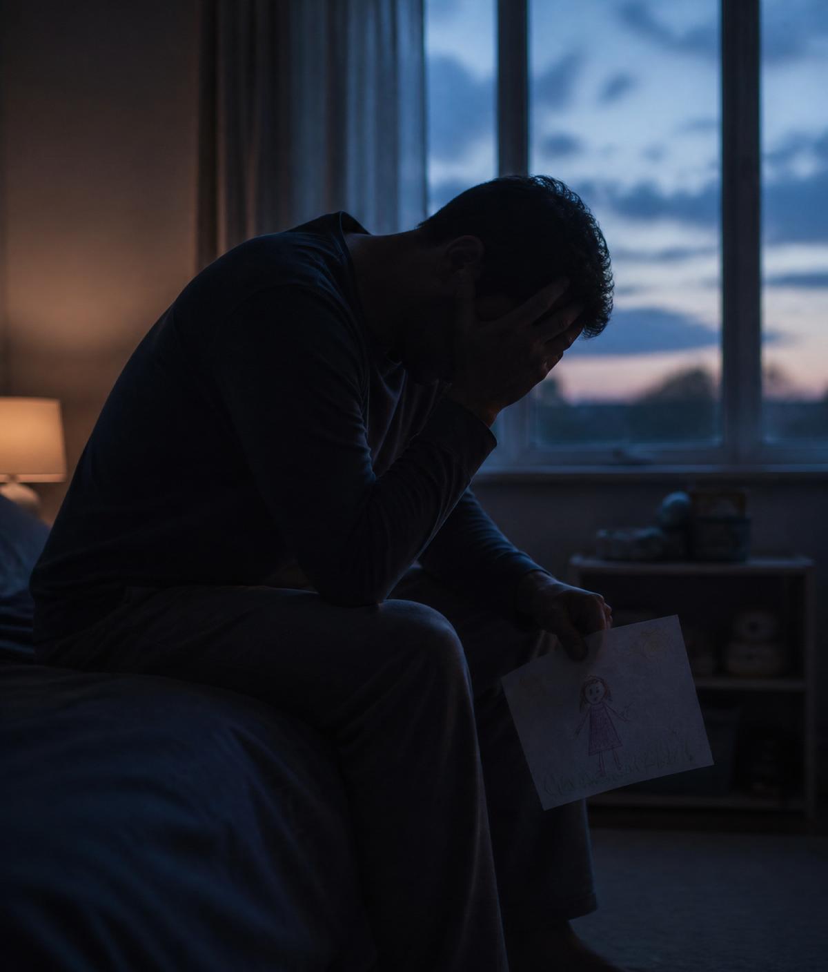 Ein Elternteil sitzt still am Fenster und hält eine Kinderzeichnung in der Hand